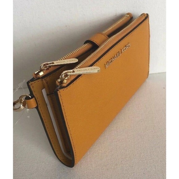 New Michael Kors Jet Set Travel Double zip wristlet Leather wallet Marigold - Picture 2 of 8